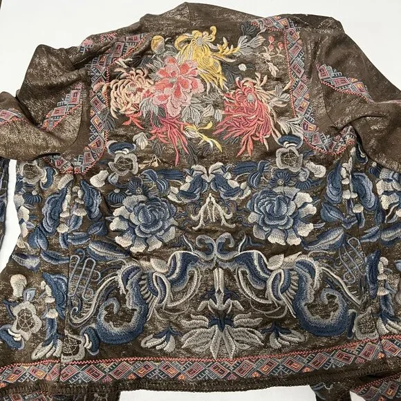 Pre owned Johnny Was BIYA Srika Khaki Green Shimmer Sueded Embroidered Hoodie - Picture 6 of 16